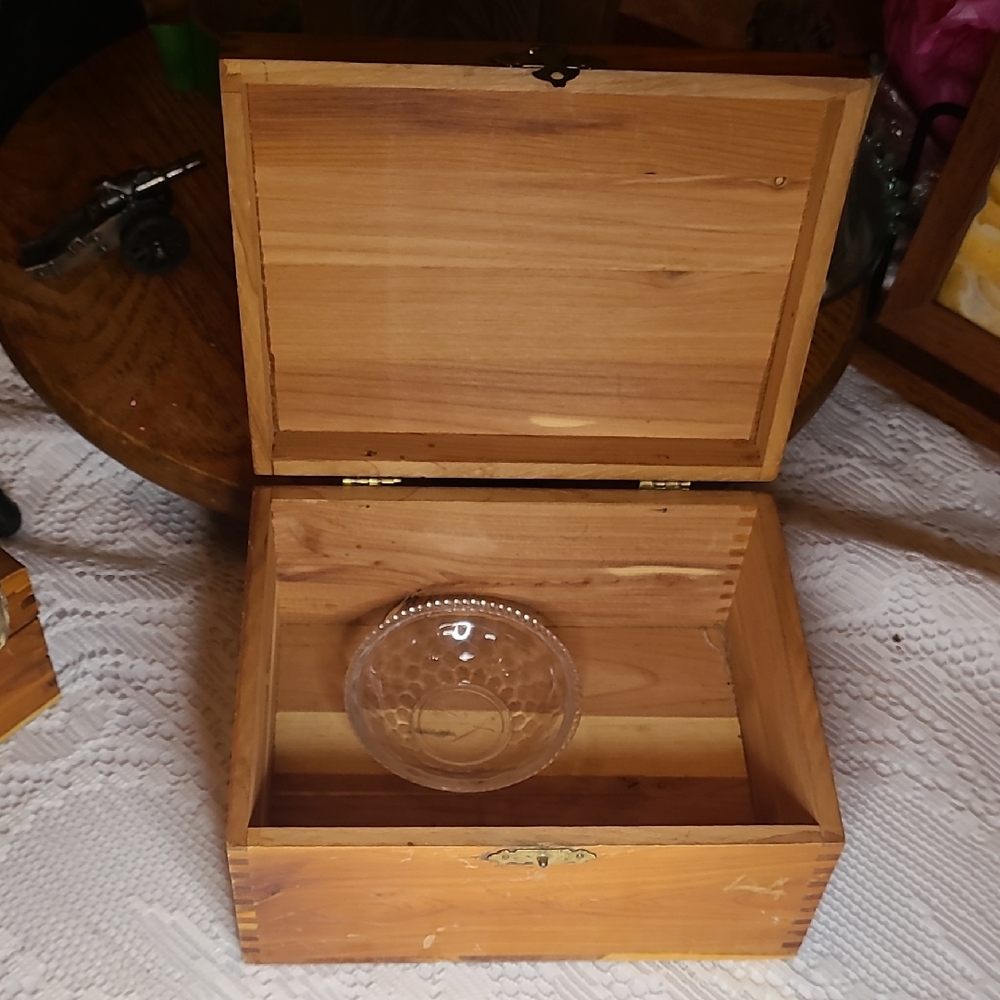 Vintage Wooden Storage Box with Glass Ring Bowl
